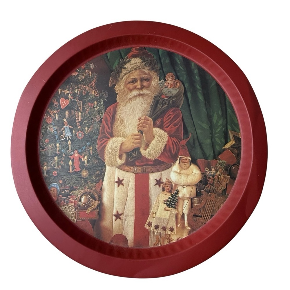 Vintage‎ Father Christmas Round Metal Serving Tray Red 12.5 Inch Holiday Decor